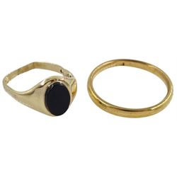 22ct gold wedding band and a 9ct gold black onyx signet ring, both hallmarked