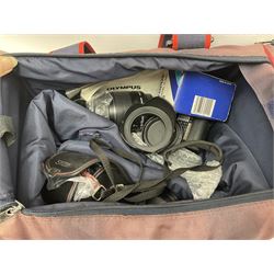 Cameras and accessories, to include Olympus OM101 Power Focus camera body, serial no 1076067, with 'Sigma AF Zoom 1:38, f=75 200mm' lens, serial no 2053714, Canon EOS 5000 camera body, serial no 1507812, with 'Canon Zoom EF 80-200mm, 1:4.5-5.6' lens, other cameras, by Miranda, Coronet and Ricoh and a collection of lenses, carry cases, etc 