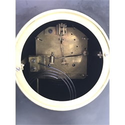 Victorian black slate mantel clock, stepped sloping pediment with marble inset, marble half column pilasters enclosing Arabic dial, twin train movement striking the hours and half on single coil, gilt and painted engraved detail, H35cm