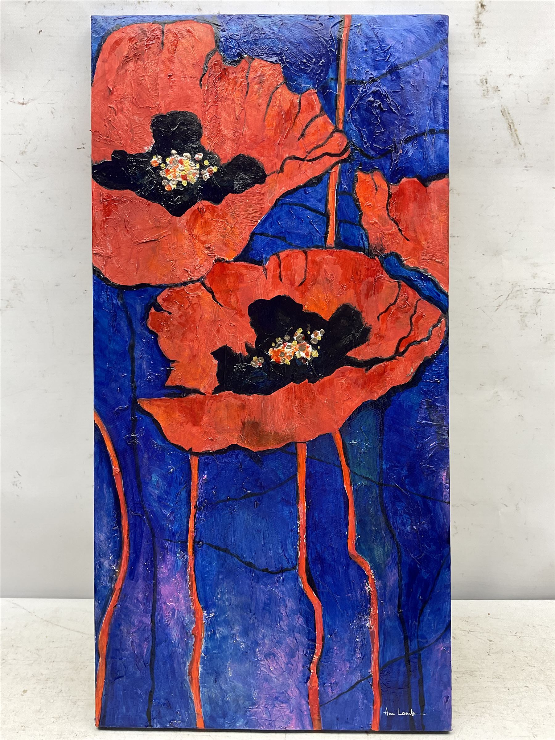 Ann Lamb (British 1955-): 'Poppies Popping', mixed media on canvas signed 60cm x 30cm