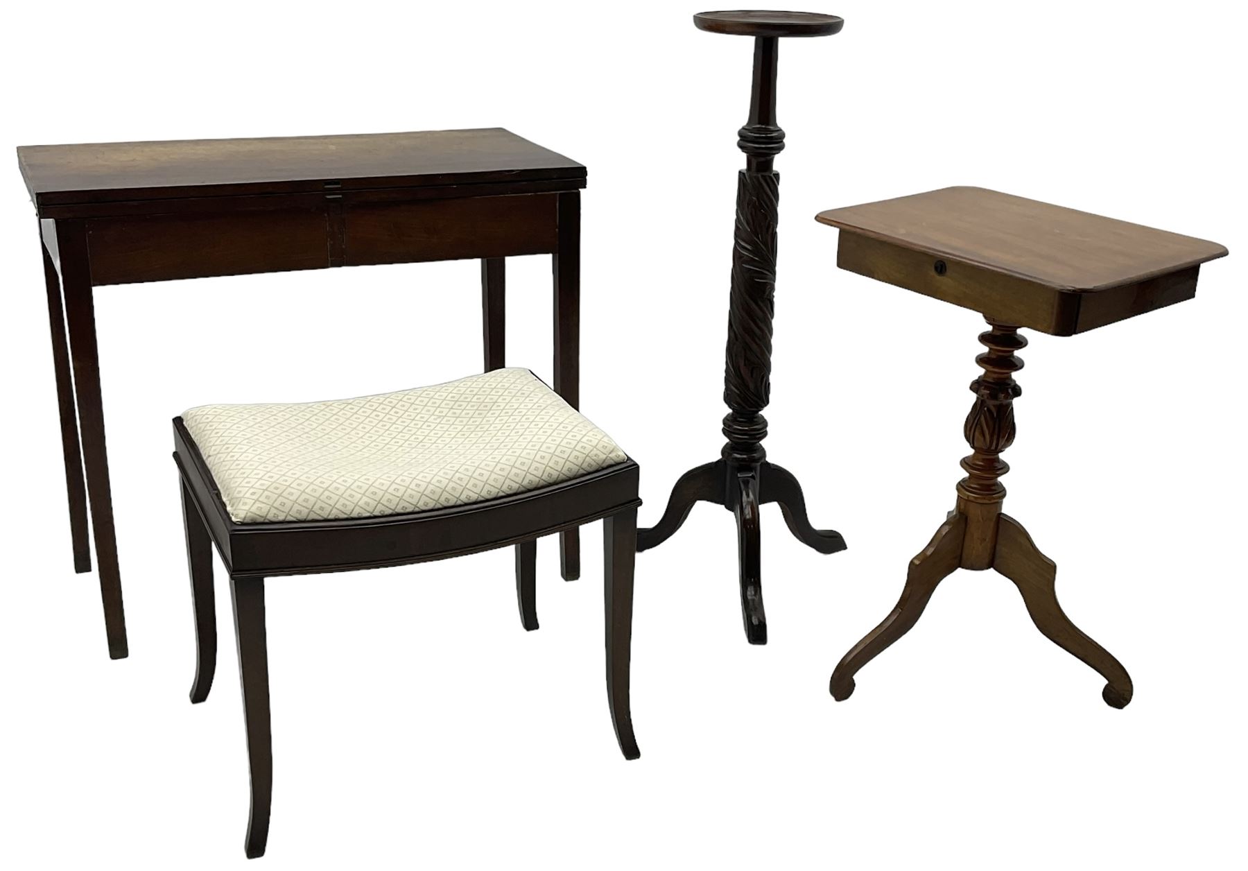 Mahogany rope twist jardiniere stand (H98cm); George III mahogany fold-over tea table (H75cm); occasional table with sectioned drawer (H72cm, W49cm, D37cm); upholstered stool (4)