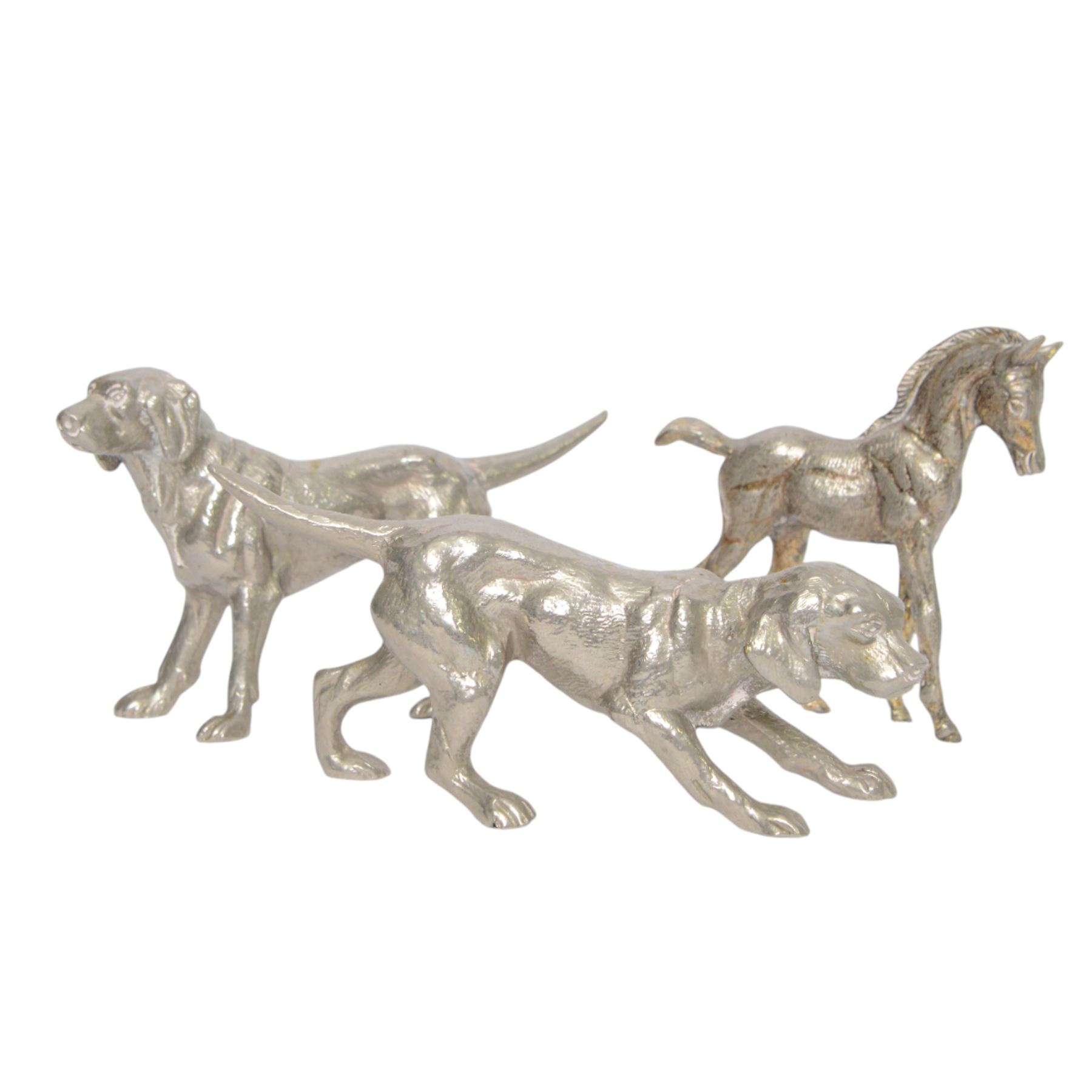 Silver plated Stag, together with cock and hen pheasant, hounds and other animals 