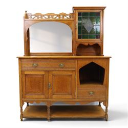Maple & Co. - Arts & Crafts oak dresser with stained glass cupboard, raised section with p...