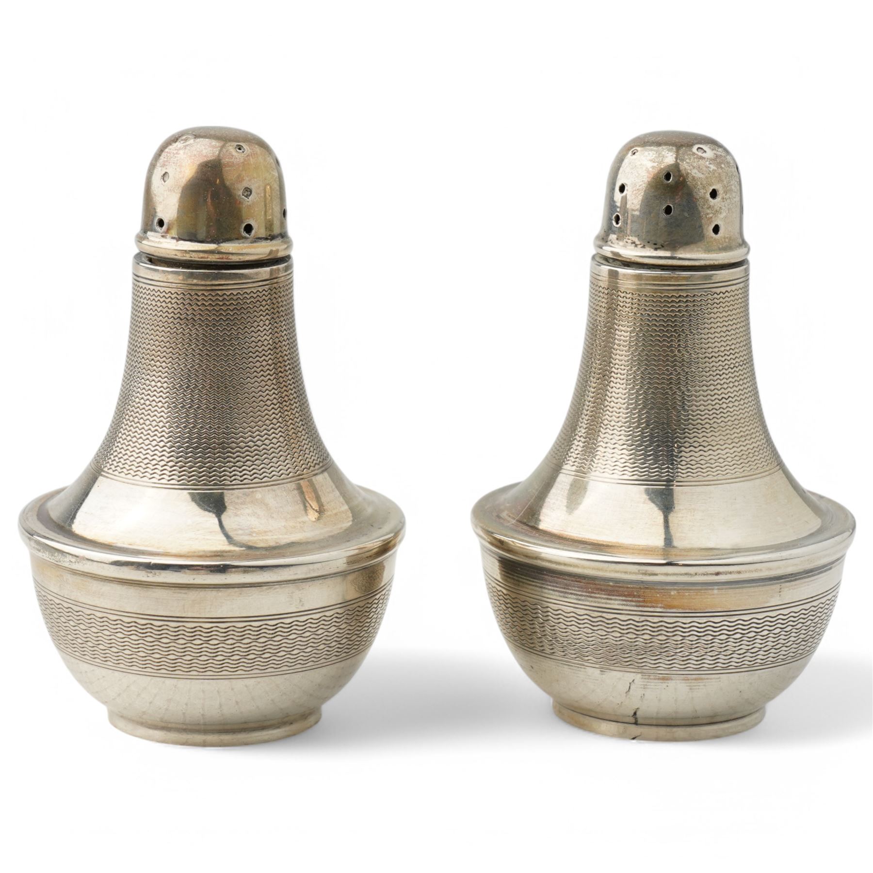 Silver five piece condiment set comprising pair of salts, pair of pepperettes and mustard pot together with three spoons Birmingham 1933 Maker Joseph Gloster Ltd