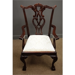  Set eight (6+2) Chippendale mahogany dining chairs with carved fret work back splats and drop in upholstered seat  