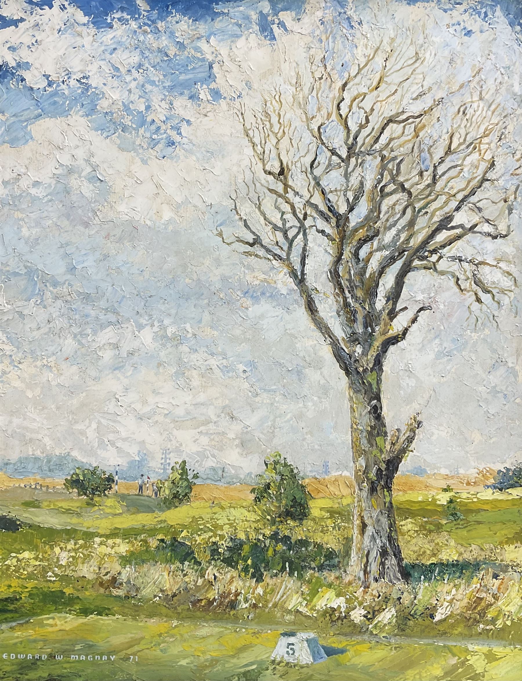 Edward W Magnay (20th century French): 'Temporary Tree', oil on board, signed and dated '71, 49cm x 39cm