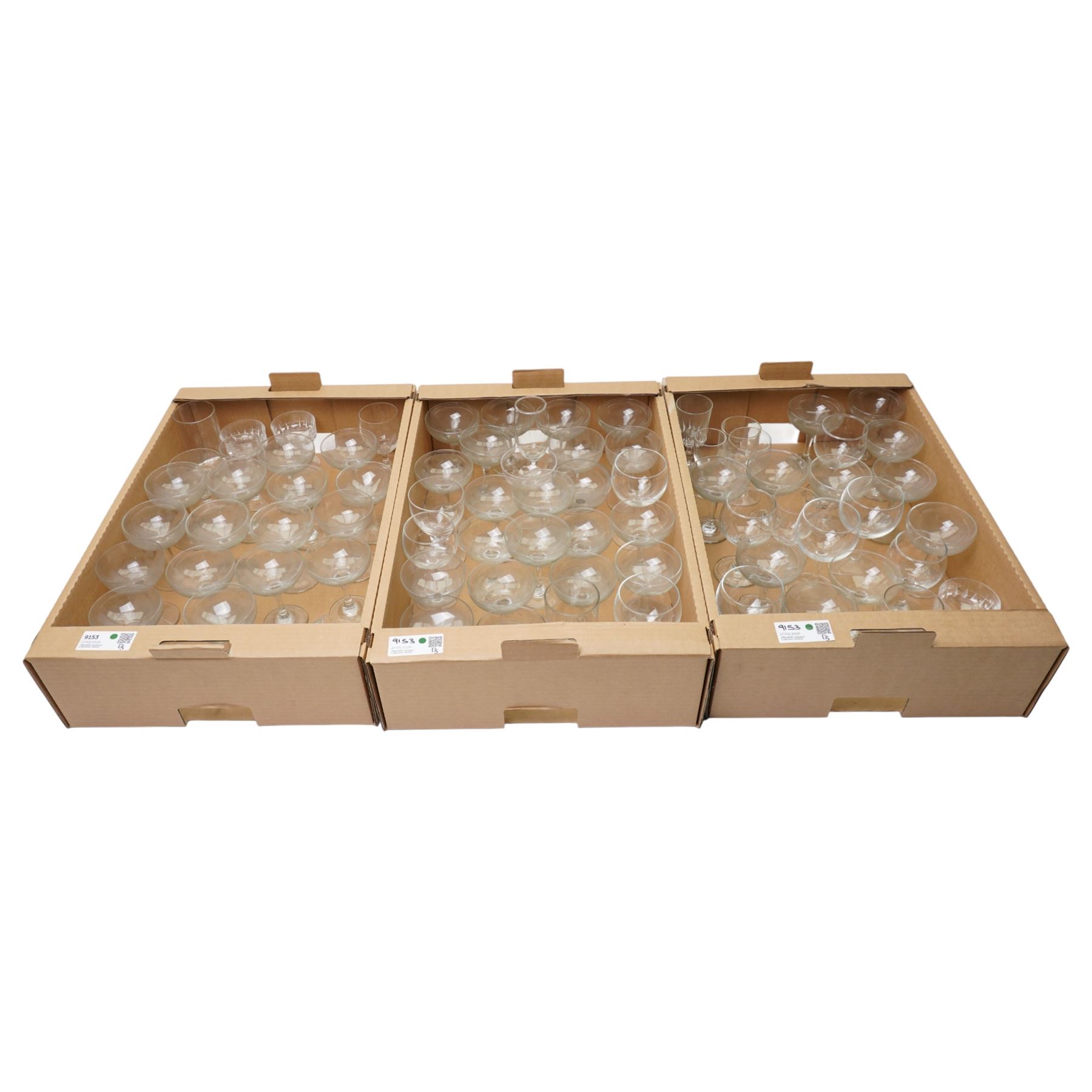 Quantity of table glass including champagne saucers, wine glasses etc