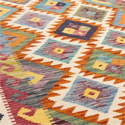 Afghan Chobi flatweave kilim with a repeating stepped diamond medallion design in ivory, green, rust, teal, purple, indigo and framed by chevron and geometric borders