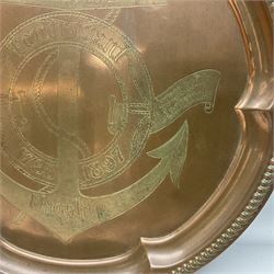 HMS Foudroyant copper tray, with label to reverse, together with a Georgian coin purse, plate D30cm