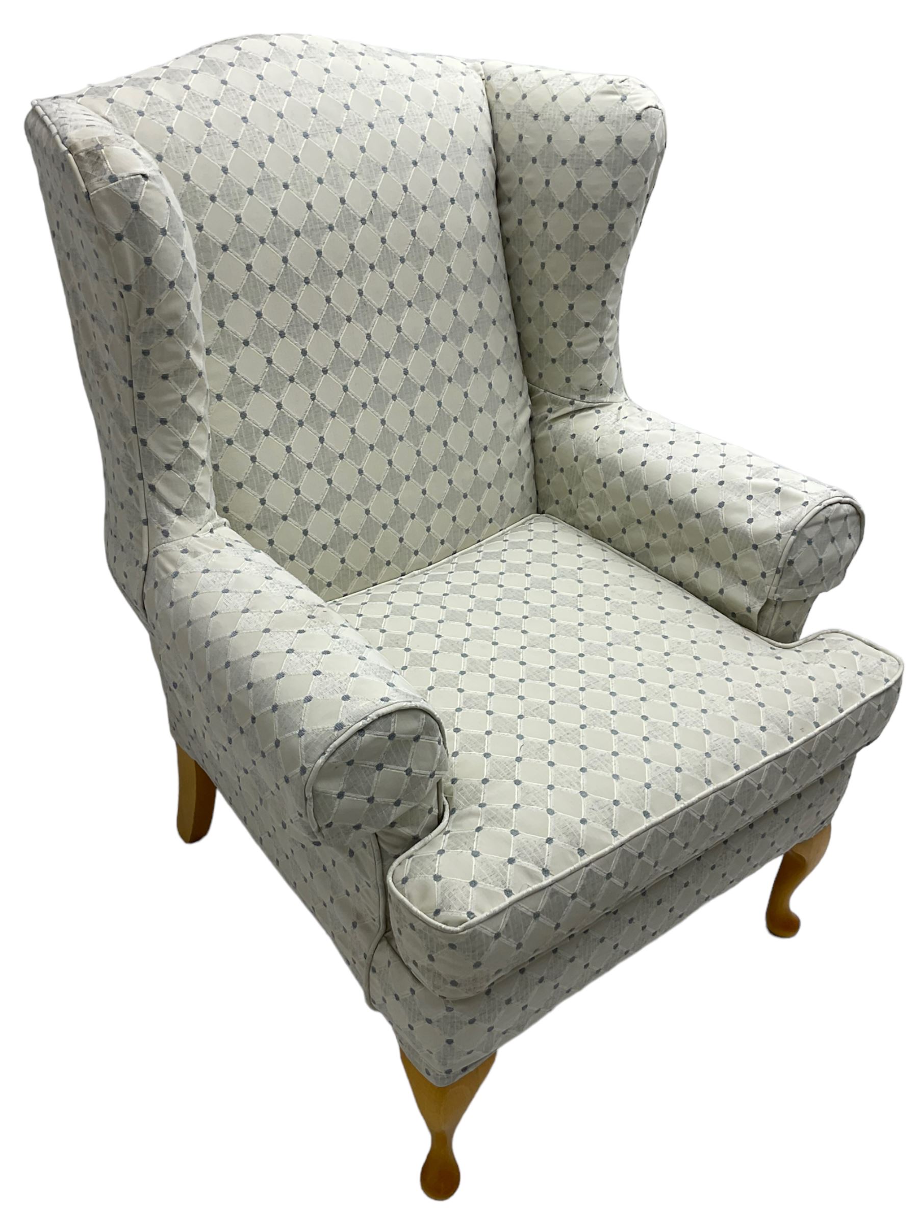 Multi-York - hardwood framed wingback armchair, upholstered pale blue lozenge pattern fabric, on light beech cabriole feet - 6 months old