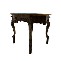 19th century walnut centre table, moulded shaped top, heavily carved cabriole legs