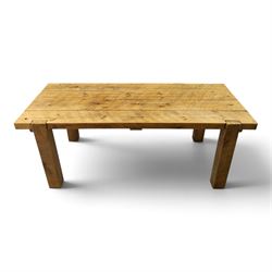 Indigo Furniture - large rustic oak dining table, rectangular four plank top raised on square supports; with set of six beech high ladder-back dining chairs