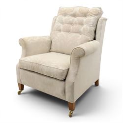 Duresta England - armchair upholstered in beige damask fabric, with deep seat and button b...