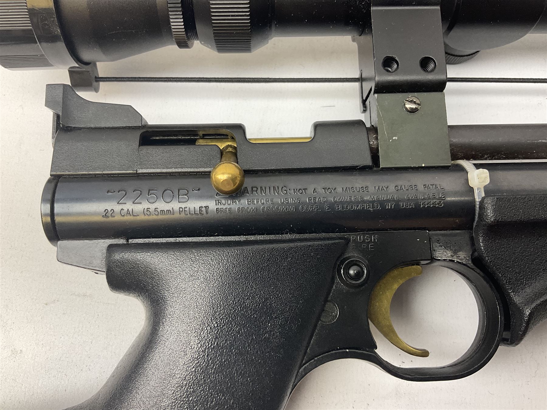 Crosman Air Guns Model 2250B .22 CO2 air rifle, with sound moderator, VLife 3-9 x 40 telescopic sight and Model 1399 Custom skeleton stock, serial no.700B25270, L91cm; with quantity of CO2 gas canisters, 