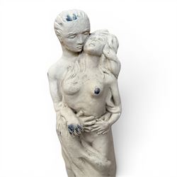 Pair of cast stone seat lions, male and female figure, and a miniature pair of cast stone lions