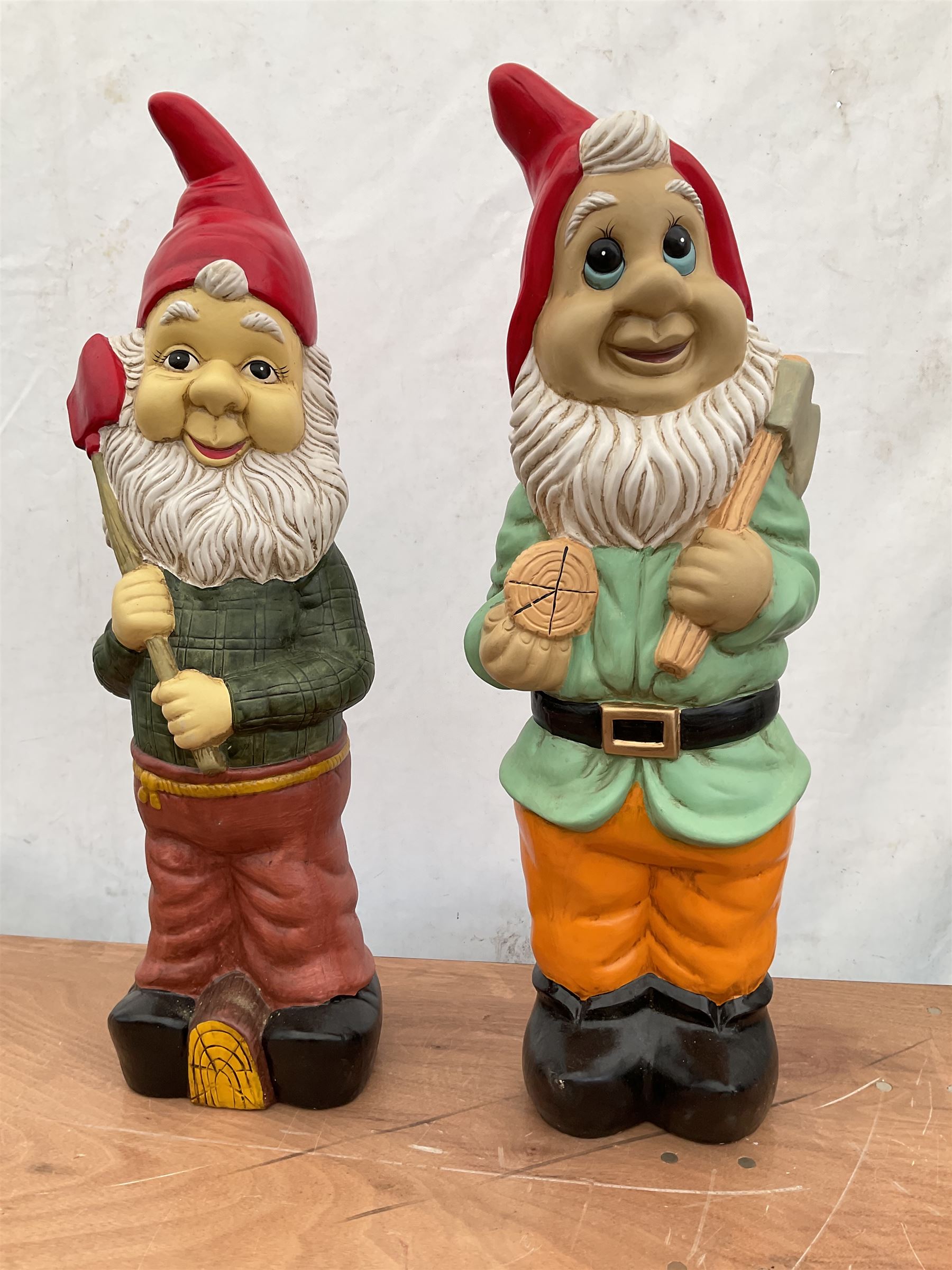 Pair of large indoor or outdoor painted garden gnomes  - THIS LOT IS TO BE COLLECTED BY APPOINTMENT FROM DUGGLEBY STORAGE, GREAT HILL, EASTFIELD, SCARBOROUGH, YO11 3TX
