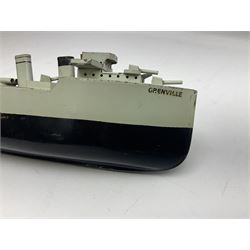 Pre-war Sutcliffe Grenville tinplate clockwork Battleship, with black and grey hull, grey deck and upper decks, propeller and rudder, length 32cm; with manuscript biographical details and two keys, unboxed