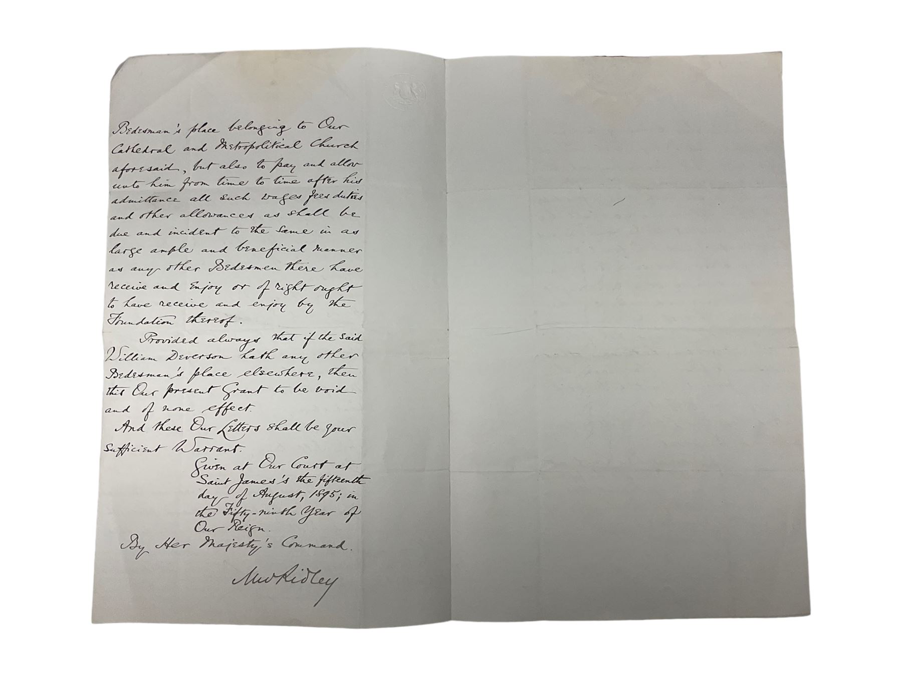 VICTORIA: (1819-1901) Queen of the United Kingdom Great Britain & Ireland 1837-1901. Vintage ink signature ('Victoria Rg') on a manuscript document appointing William Deverson as a bedesman at Canterbury Cathedral; folded single sheet 33 x 40cm blind stamped to top left corner for Secretary of State Home Department; further folded for delivery with remains of blind embossed seal affixed to one edge; together with a manuscript letter from Windsor Castle dated 14th April 1854 acknowledging receipt of two letters advising Queen Victoria of the deaths of a number of high ranking soldiers (2)