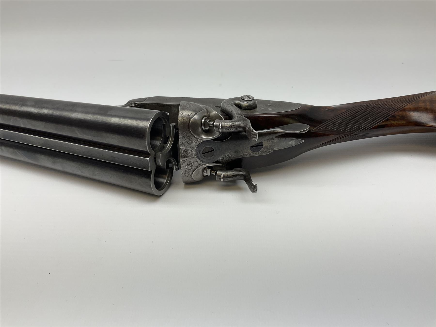 19th century Purdey 12-bore side-by-side double barrel black powder hammer gun, 76cm cylinder bored un-choked barrels with 2.5