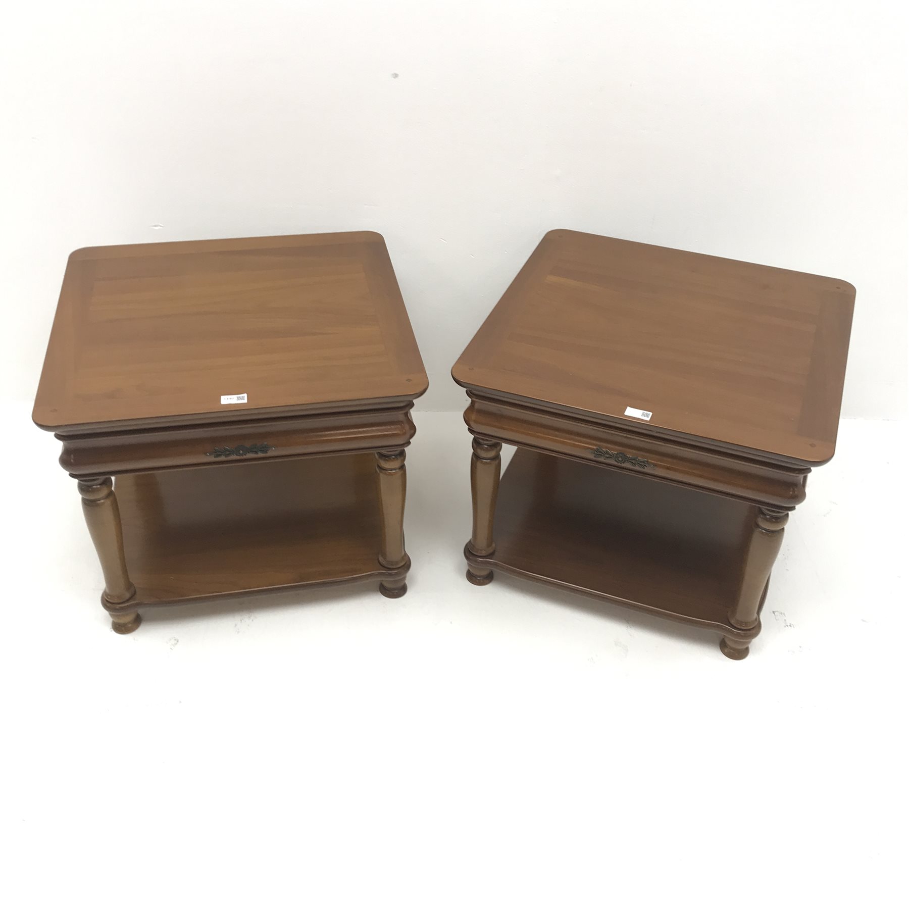 Pair cherry wood side tables, single drawer, turned supports joined by