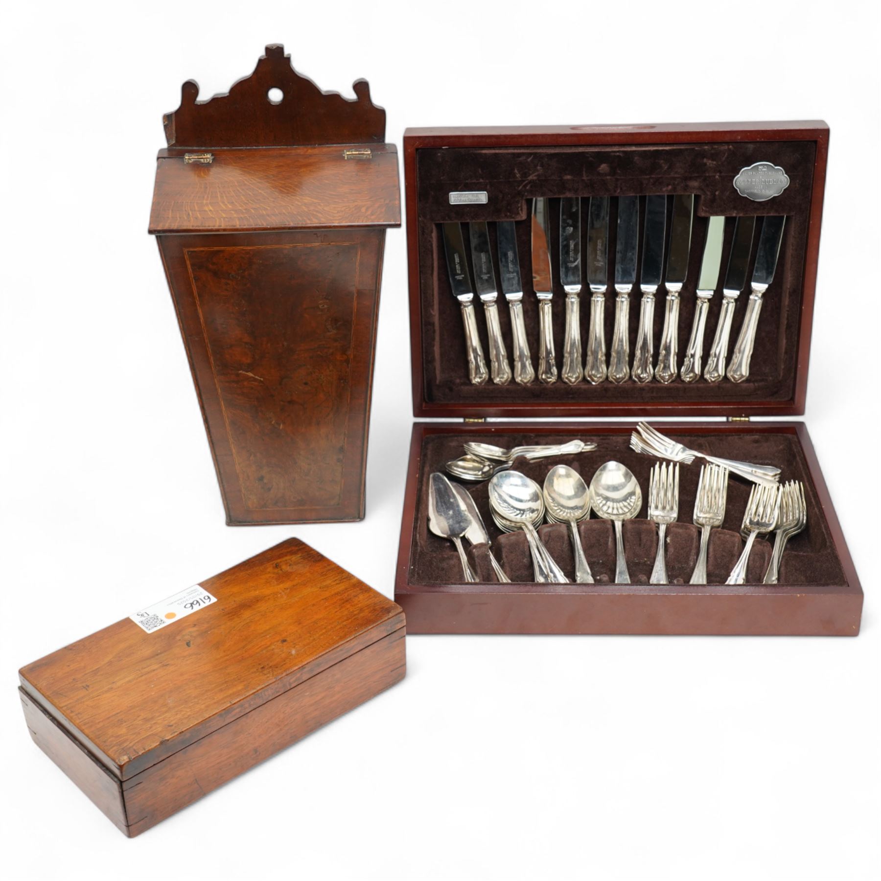Georgian walnut hanging candle box, H43cm W21cm; together with a mahogany box W26cm D15cm and a Ludland silver plate canteen of cutlery