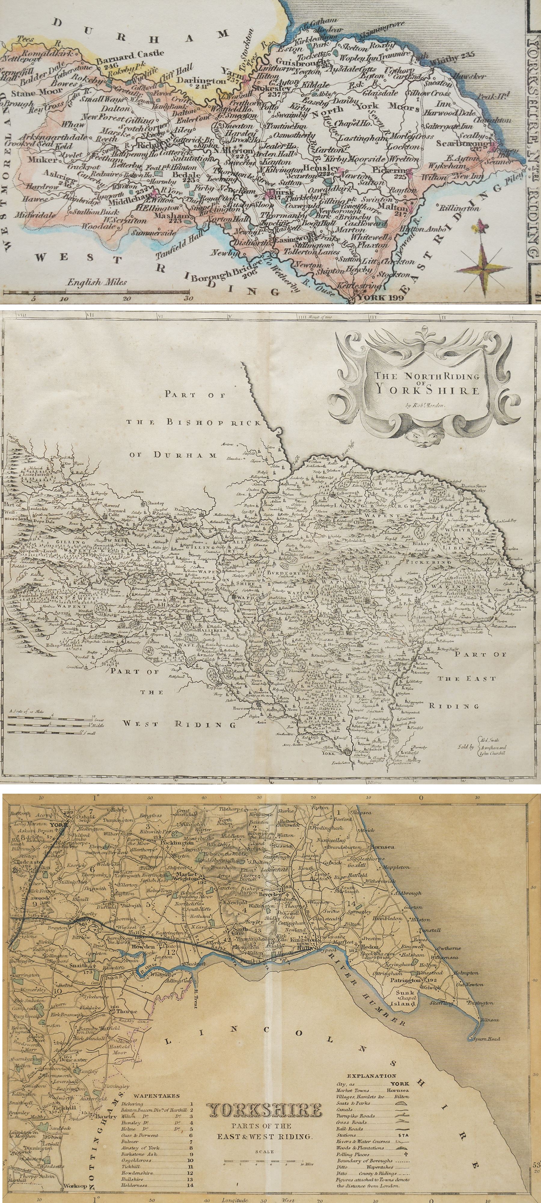 Robert Morden (British c.1650-1703): 'The North Riding of Yorkshire', 17th/18th century engraved map 38cm x 44cm; Sidney Hall (British 1788-1831): 'Yorkshire North Riding', 18th/19th century miniature county map with hand-colouring 7.5cm x 13cm; Thomas Dugdale (British fl.1838-1843): 'Yorkshire Parts of the East & West Riding', 19th century engraved map 18cm x 24cm (3)
