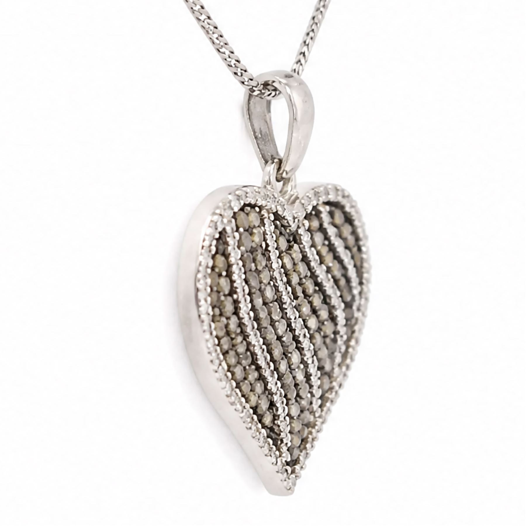 9ct white gold diamond heart pendant necklace, set with rows of round cut fancy light brown and white diamonds, hallmarked, total light brown diamond weight approx 0.75 carat, total white diamond weight approx 0.75 carat