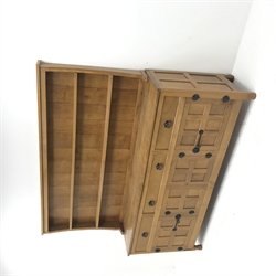 'Lizardman' panelled oak dresser, two heights plate rack above base fitted with three drawers, double cupboard and two single cupboards, by Derek Slater of Crayke, W181cm, H167cm, D45cm