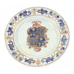 Early 18th century Chinese Imari armorial plate, circa 1720, painted with central arms of Fellowes quartering Coulson, surrounded by a European leaf scroll to the rim and heightened with gilt throughout, D22cm

Cf. Comparable pair of plates:
Lot 253, Benjamin F. Edwards III collection of Chinese Export, Christie's, 20th January 2004

Footnote: Sir John Fellowes was born in 1670, and was director and sub Governor of the South Sea Company. He became a baronet in 1719 and resided at Carshalton in Surrey. It is believed that this service would have been ordered in around 1719 or 1720

