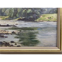 Marie Hartley (Yorkshire 1905-2006): 'The Wharfe near Harewood', oil on canvas signed, titled on printed label verso 25cm x 35cm 