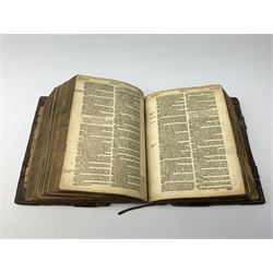 The Holy Bible, Containing the Old Testament and the New; Newly Translated out of the Originall Tongues ..., Imprinted at London by Bonham Norton and John Bill 1620. General and New Testament titles with woodcut border (New Testament title and colophon dated 1621), genealogies and double page map by J.S. (John Speed), Apochrypha present, bound with Two Right Profitable and Fruitfull Concordances .... Collected by R.F.H. Imprinted at London Bonham Norton and John Bill 1622, bound with The Whole Booke of Psalmes Collected into English Meeter by Thomas Sternehold, John Hopkins, and Others ..., printed for the Company of Stationers 1623. Full calf binding with bronze bosses.
