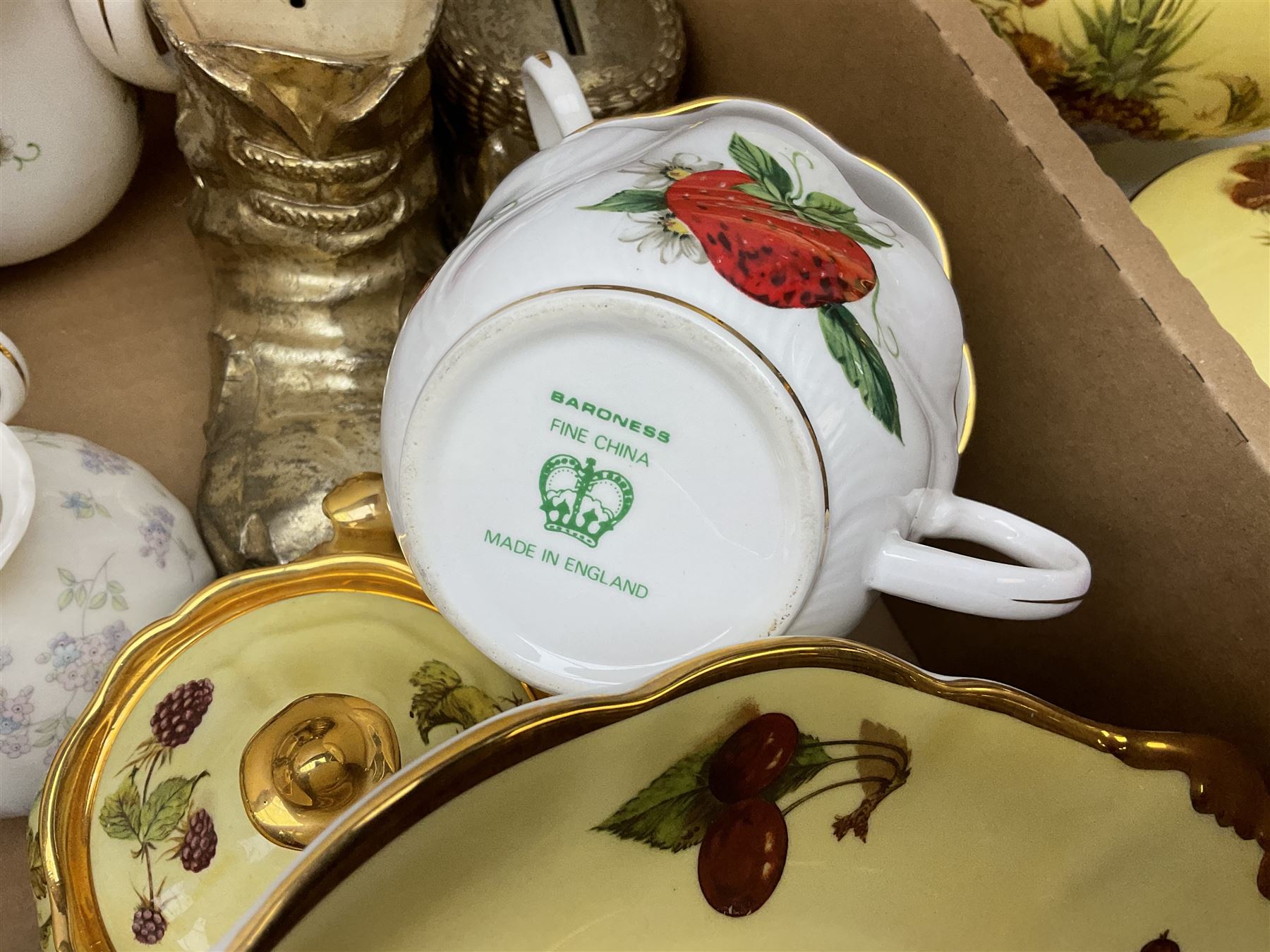 Canterbury tea and dinner service decorated with fruit on a yellow ground with gilt detail, together with Baroness tea service and other ceramics and collectables, in three boxes