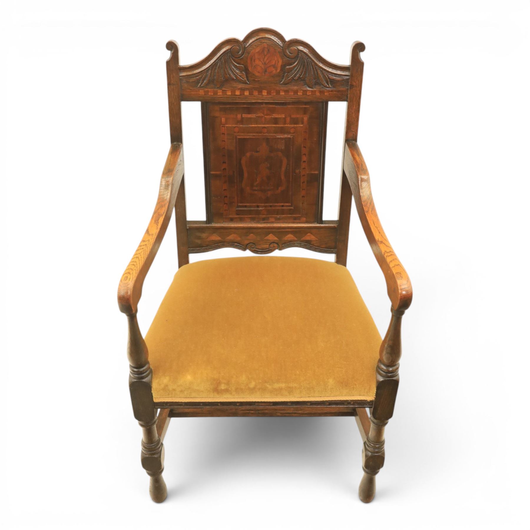 18th century inlaid mahogany armchair, carved back with marquetry panel, overstuffed upholstered seat finished in gold dralon fabric, raised on turned supports united by a stretcher
