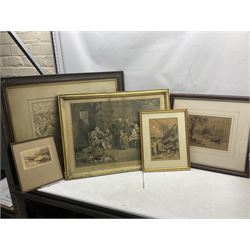 Sydney Buckle (British 19th century): Ludlow, etching together with an etching of Pembroke Castle, river landscape, 19th century engraving of 'The Blind Fiddler' and 1901 exhibition diploma (5)