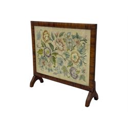 Pair of early 20th century mahogany side tables, each with rectangular tops, raised on turned supports joined by curved stretchers, terminating in splayed feet; mahogany fire screen, rectangular frame housing needlepoint floral panel, on shaped supports (3)