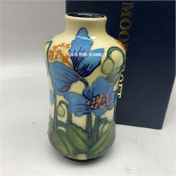 Moorcroft vase, of waisted form, decorated in the Cambrian Blue pattern by Kerry Goodwin, circa 2011, H14cm, with original box 