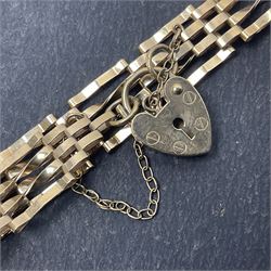 9ct gold ladies Rotary wristwatch, on 9ct gold textured chain link strap, together with a 9ct gold four bar gate bracelet with heart padlock clasp, hallmarked