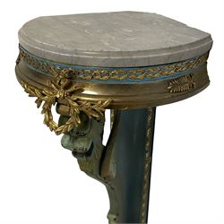 Pair of 20th century French Empire design corner torchères or lampstands, grey marble top with moulded edge, the frieze with moulded brass skirt and applied gilt metal classical motifs, laurel leaf wreath and anthemions, on cabriole support carved with winged mythical mask and claw feet, on curved footed base with brass cap decorated with geometric bands
