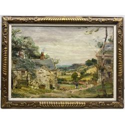 Scottish School (Early 20th century): Country Cottages with Hens and Children, oil on canvas indistinctly signed 39cm x 55cm