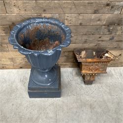 19th century blue painted cast iron lotus garden urn with plinth, and a cast iron rain hopper