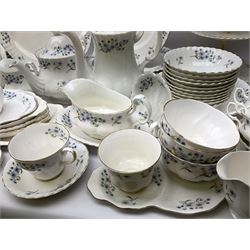 Extensive Richmond Blue Rock pattern part tea and dinner service, to include seven dinner plates, nine smaller plates, three lidded twin handled tureens, two teapots and two coffee pots, eleven bowls, cake stand, six twin handled soup bowls and saucers, six teacups, four coffee cups, milk jugs, sucrier, cake plate, salt and pepper shakers, other plates, dishes, bowls, side plates and many spares etc