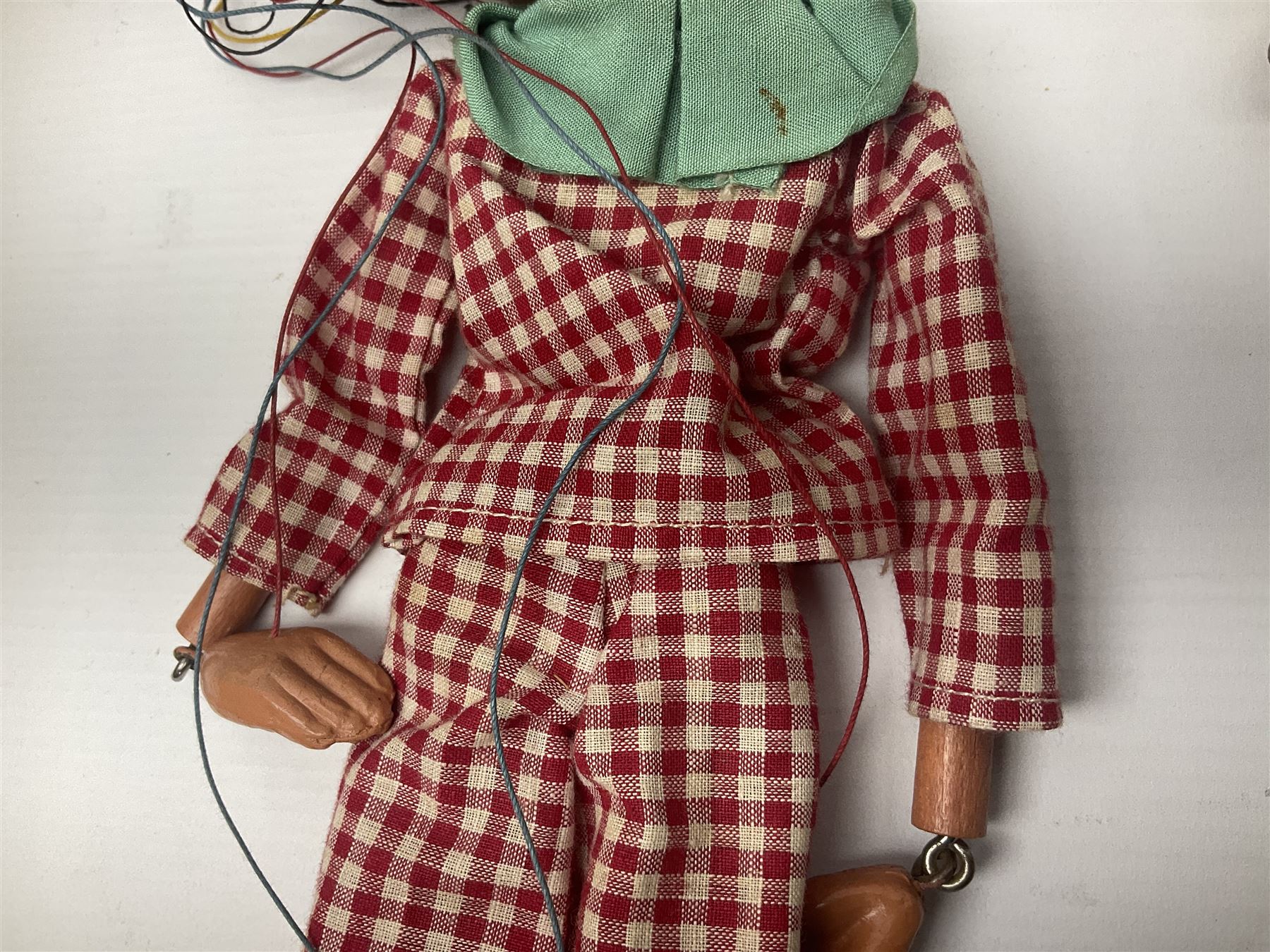 Pelham Puppet - a rare type SM Harlequin circa 1950s with painted black face mask, black felt hat, green ruff and red white chequered suit, H31cm; in original box with instructions 