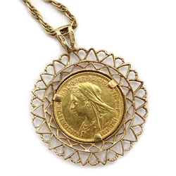  1900 half sovereign, loose mount gold pendant necklace, hallmarked 9ct   