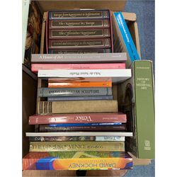 Large quantity of art reference books predominantly in English, to include David Hockney a Retrospective, The Folio Society; The Story of the Renaissance, Henry Moore, etc in four boxes   