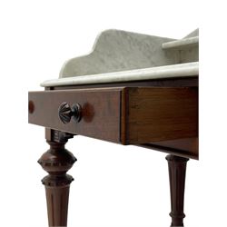 Victorian figured mahogany two-piece bedroom set - the washstand with white and black marble moulded top with arched back and raised shelf, two moulded frieze drawers, on turned and fluted supports with brass and ceramic castors (W123cm, D60cm, H102cm); the dressing table with raised swing mirror in moulded frame with shell and scroll carved pediment, on scrolled horns carved with foliage, four raised trinket drawers over moulded rectangular top, fitted with two drawers, on turned and fluted supports with brass and ceramic castors (W122cm, H177cm, D62cm)