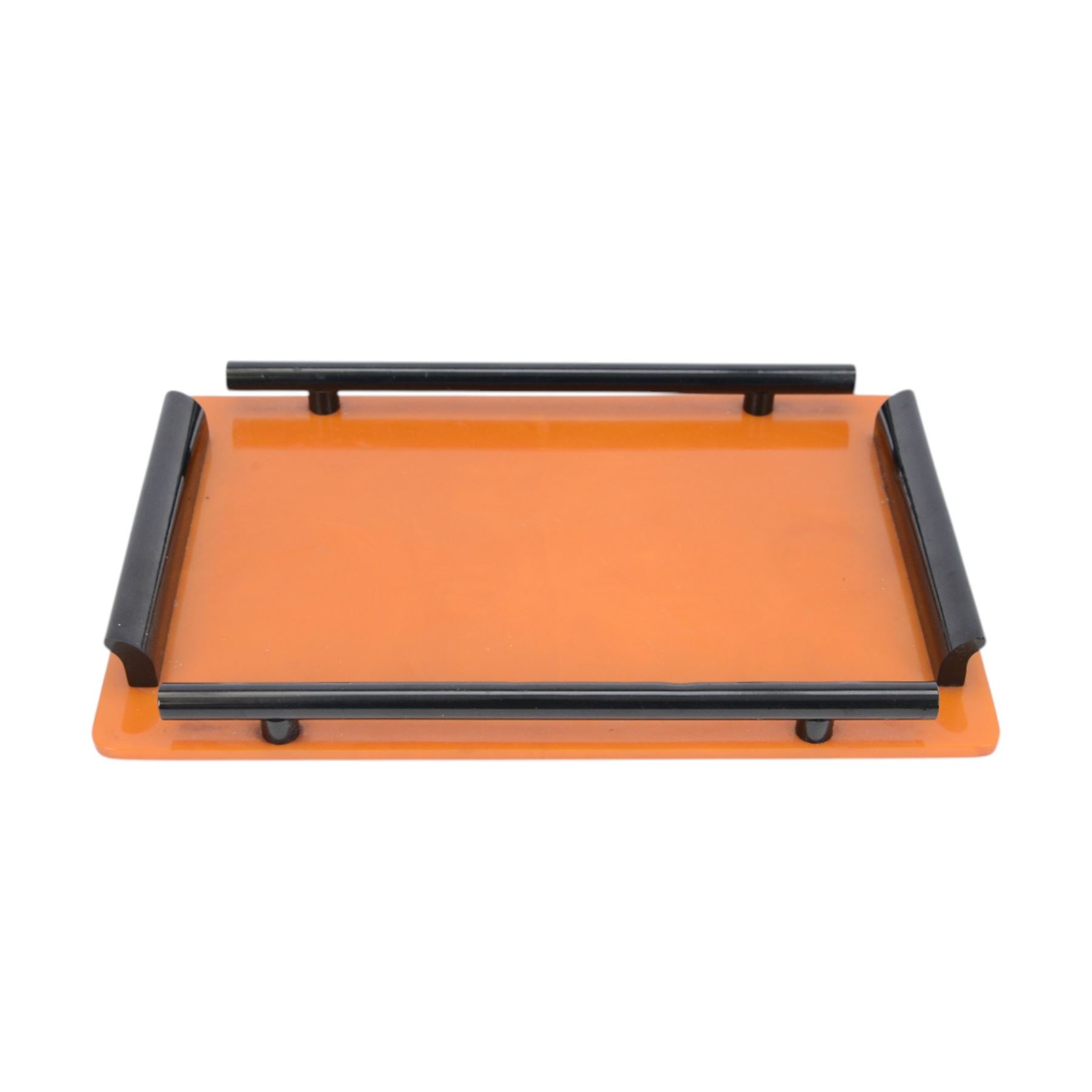 Art Deco phenolic Bakelite dressing table set, comprising three circular jars with lids and a pin dish, all upon a rectangular tray with black handles tray 30x19cm 