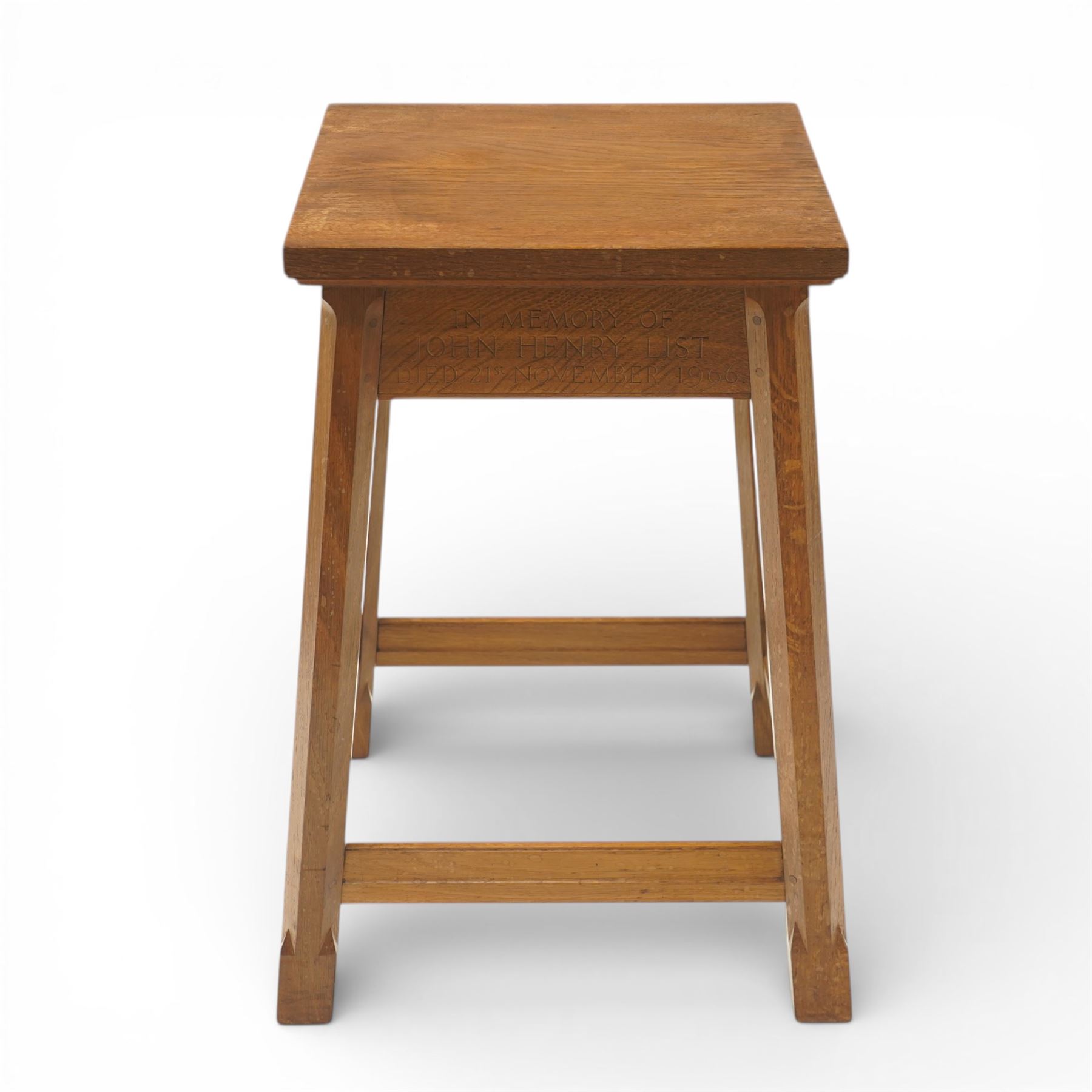 Mouseman - square lightly adzed oak lamp table, with memorial inscription, from Clifton Methodist Church, on octagonal supports with carved mouse by the workshop of Robert 'Mouseman' Thompson