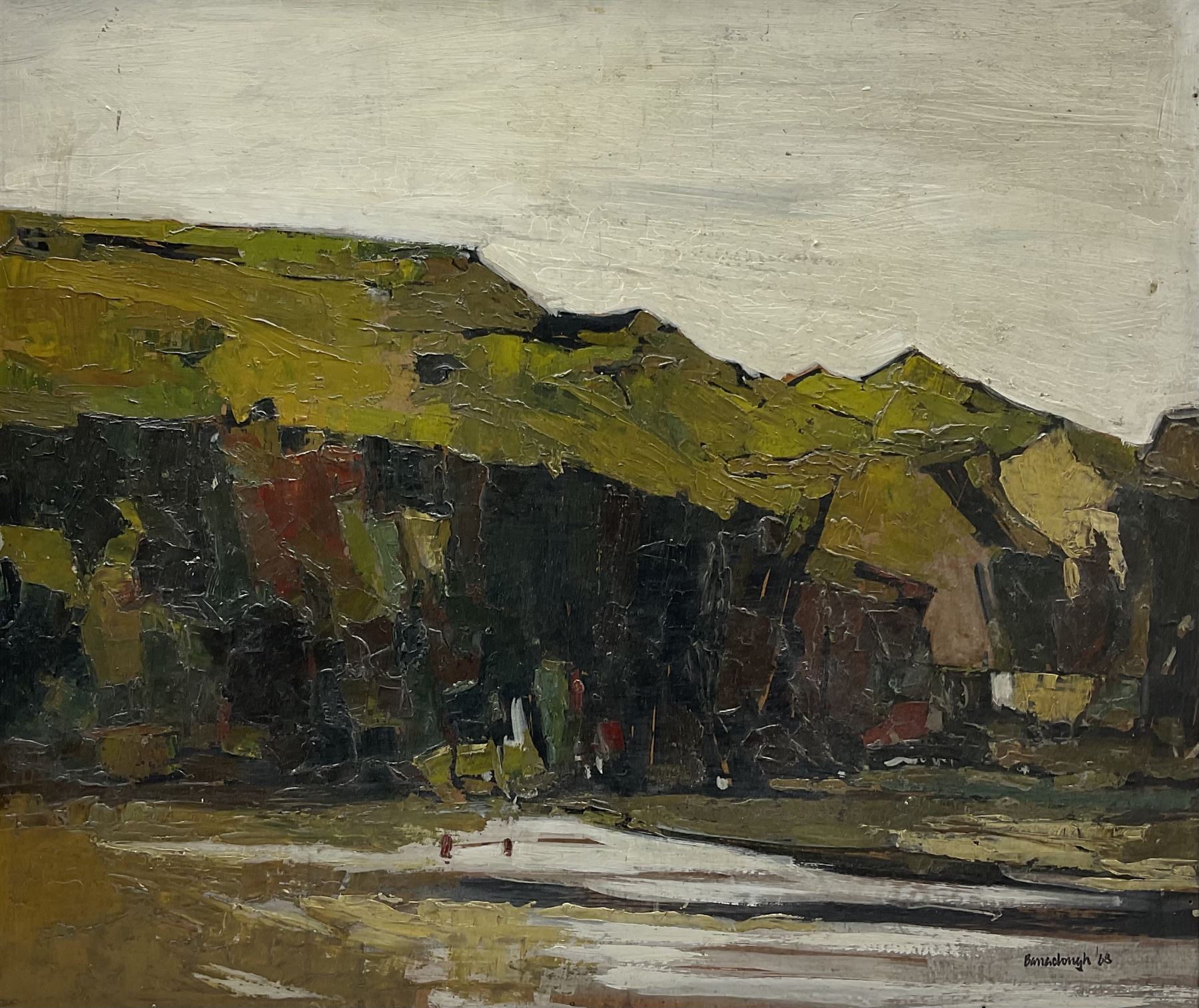 Attrib. Peter Barraclough (Northern British 1939-): Dark Cliffs, oil on board signed and dated '68, 58cm x 68cm
Notes: Barraclough born in Cleckheaton Yorkshire, studied painting & lithography at Dewsbury & Batley College of Art. Then went on to obtain an Art Teachers Diploma at Liverpool College of Art. After several teaching posts he emigrated to Tasmania in 1969 following further teaching posts he became a full time artist in 1985