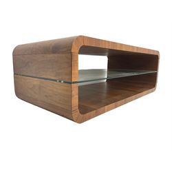 Contemporary walnut coffee table, curved rectangular form, fitted with central glass shelf