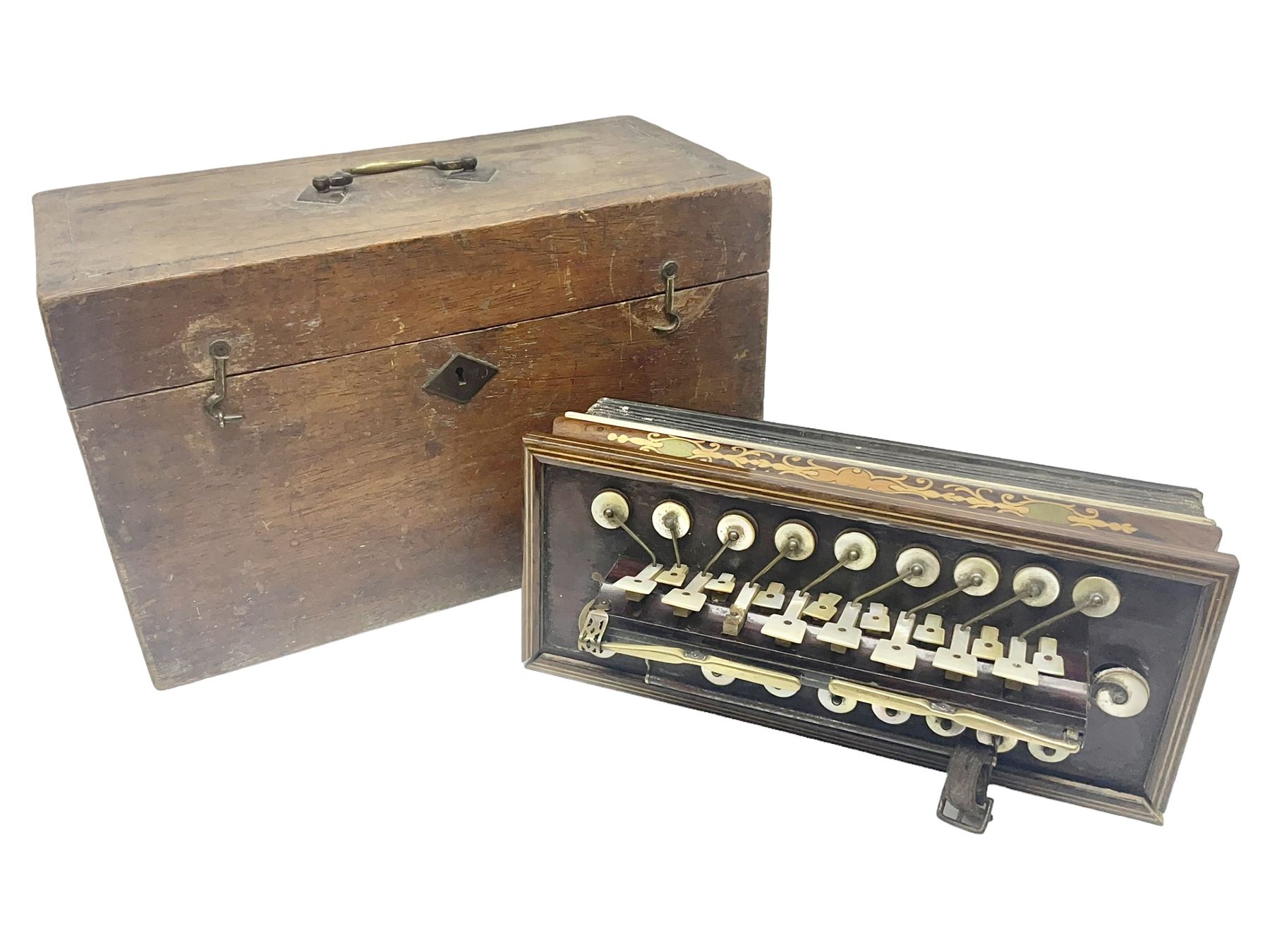 19th Century inlaid rosewood Flutina accordion, stamped Busson of Paris, having sixteen mother of pearl keys and six fold floral decorated bellows L30cm; in baize lined mahogany box